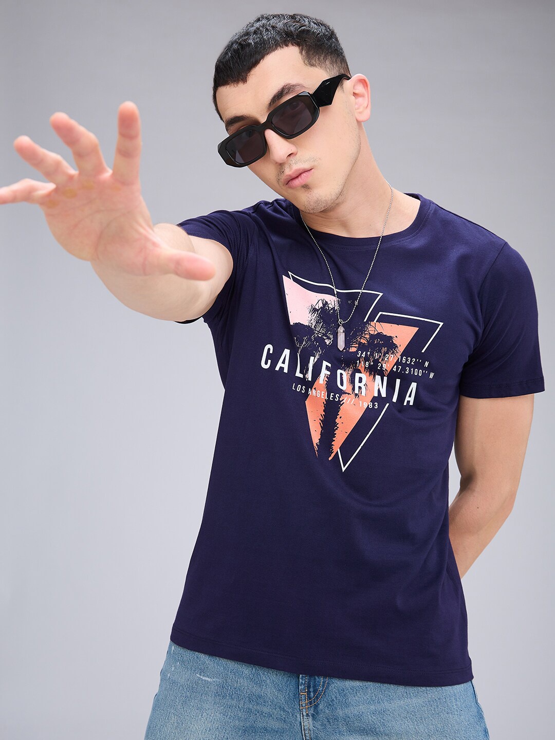 

NOIRA Graphic Printed Cotton T-shirt, Navy blue