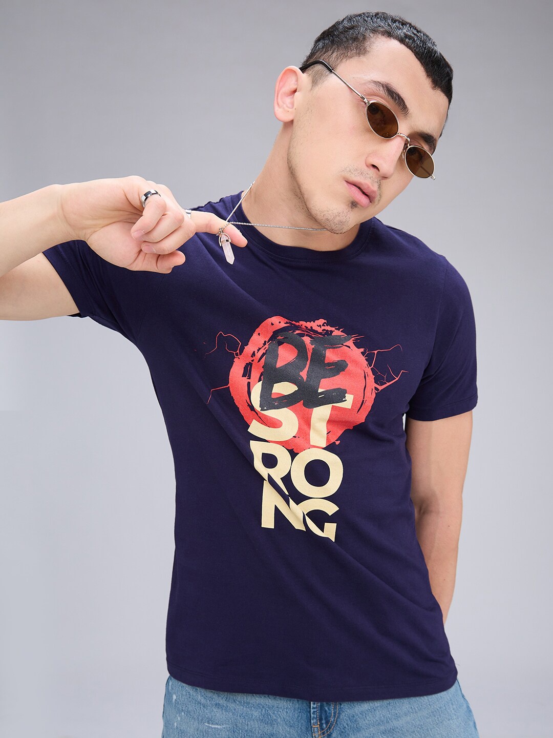 

NOIRA Typography Printed Cotton T-shirt, Navy blue