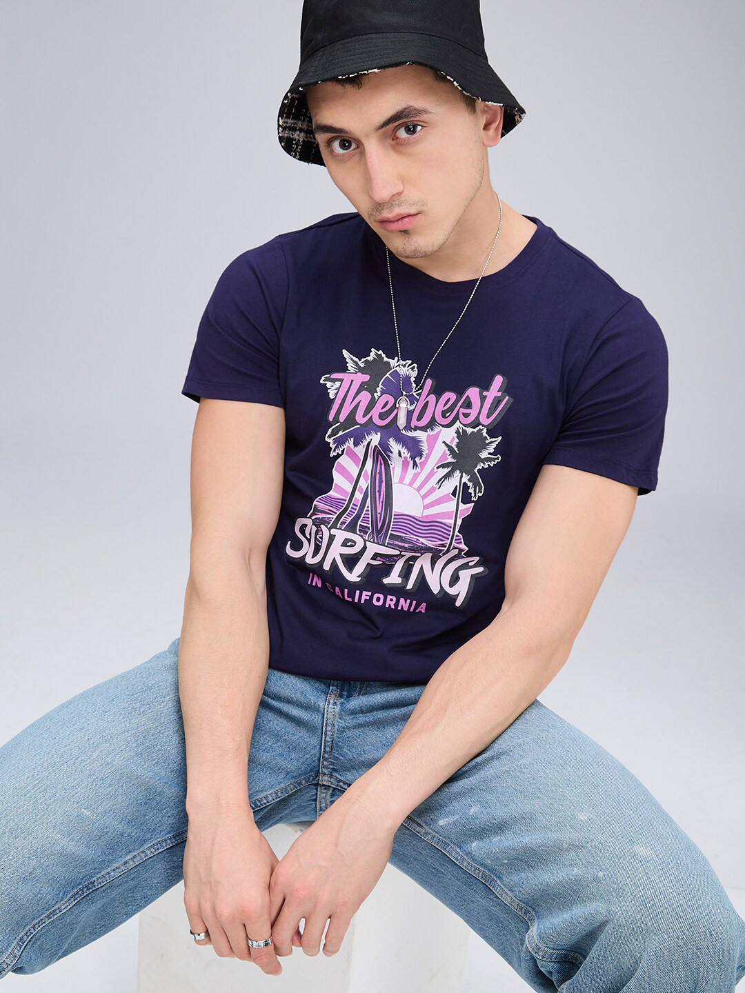 

NOIRA Typography Printed Cotton T-shirt, Navy blue