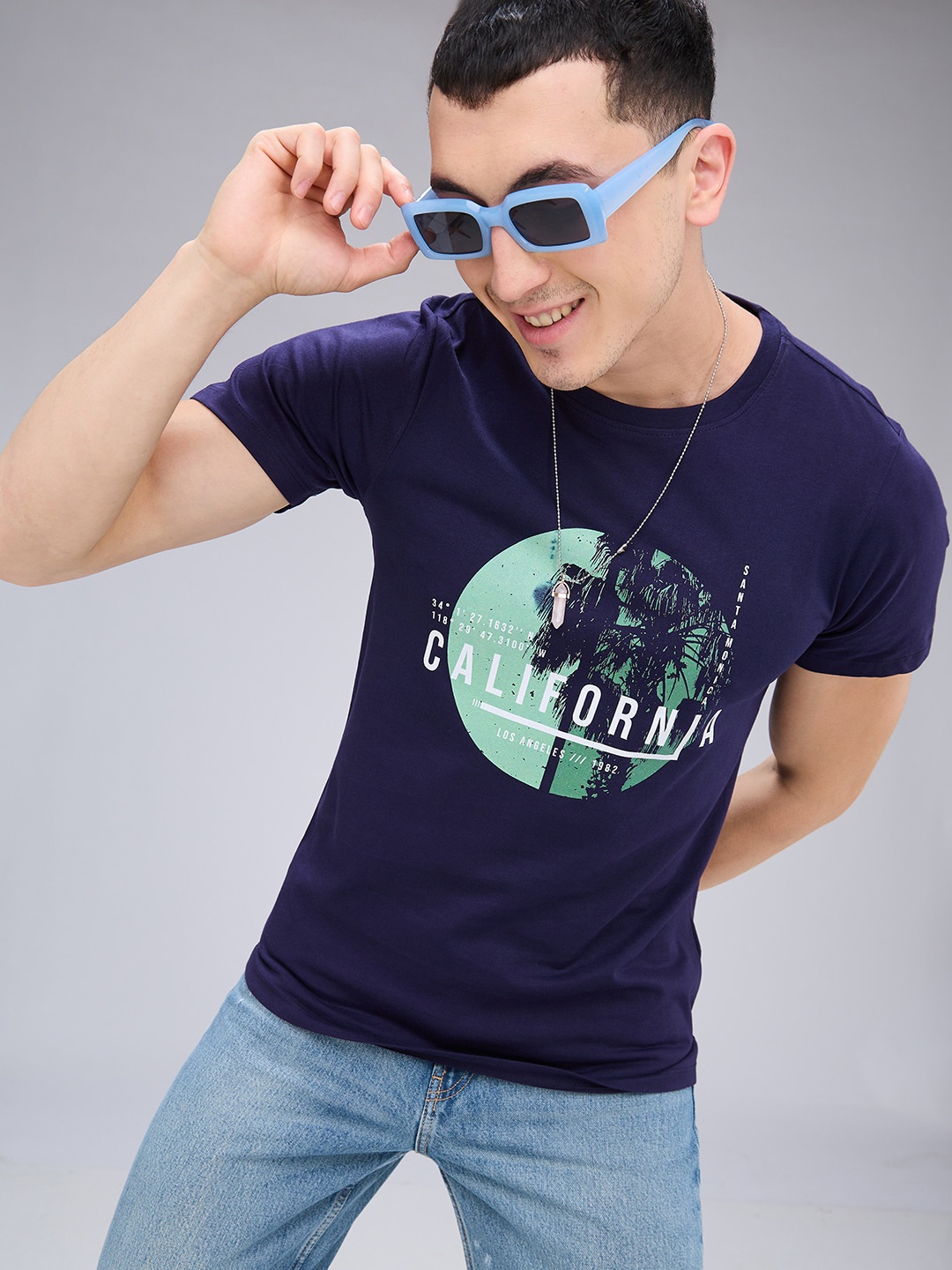 

NOIRA Typography Printed Cotton T-shirt, Navy blue
