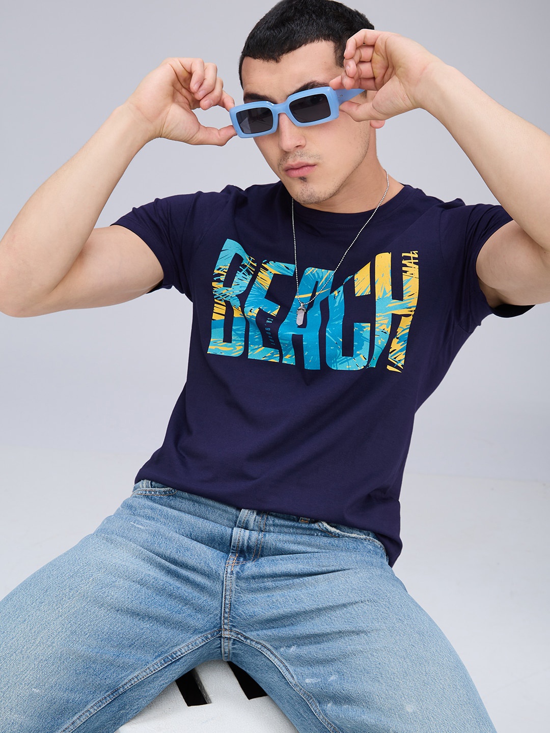 

NOIRA Typography Printed Cotton T-shirt, Navy blue