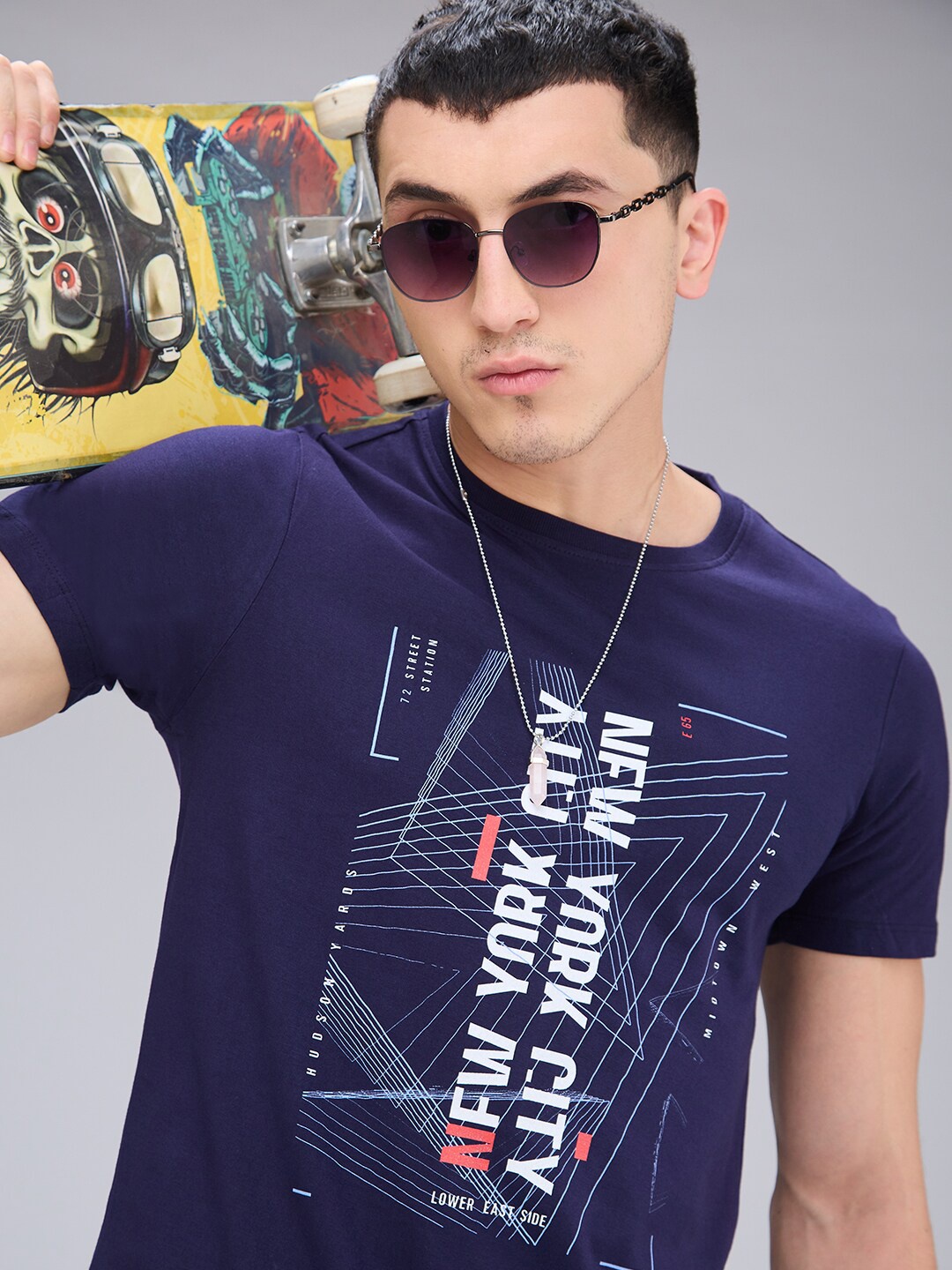 

NOIRA Graphic Printed Cotton T-shirt, Navy blue