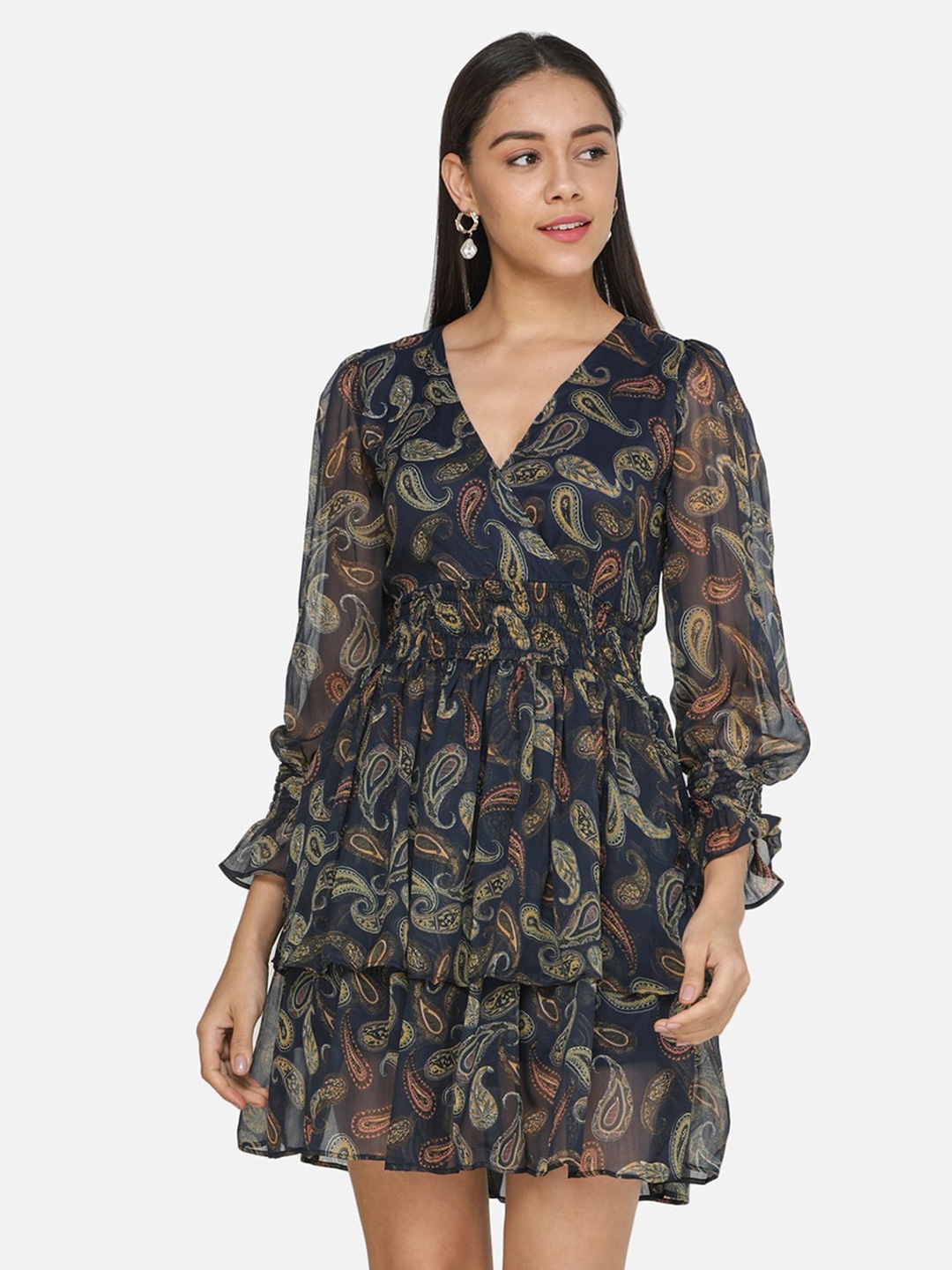 SCORPIUS Floral Print Chiffon Fit & Flare Dress, Navy blue