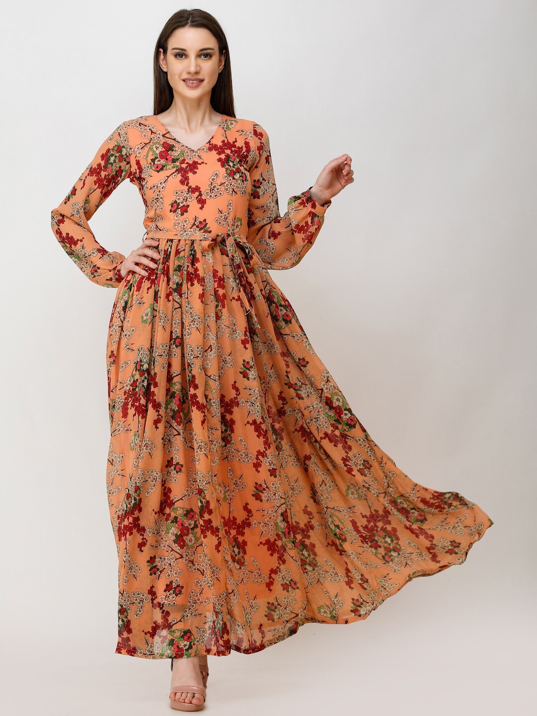 

SCORPIUS Floral Print Chiffon Maxi Dress, Orange