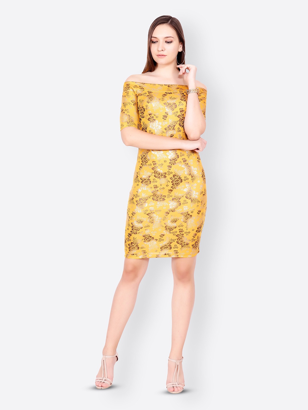 

SCORPIUS Floral Printed Cotton Bodycon Dress, Gold