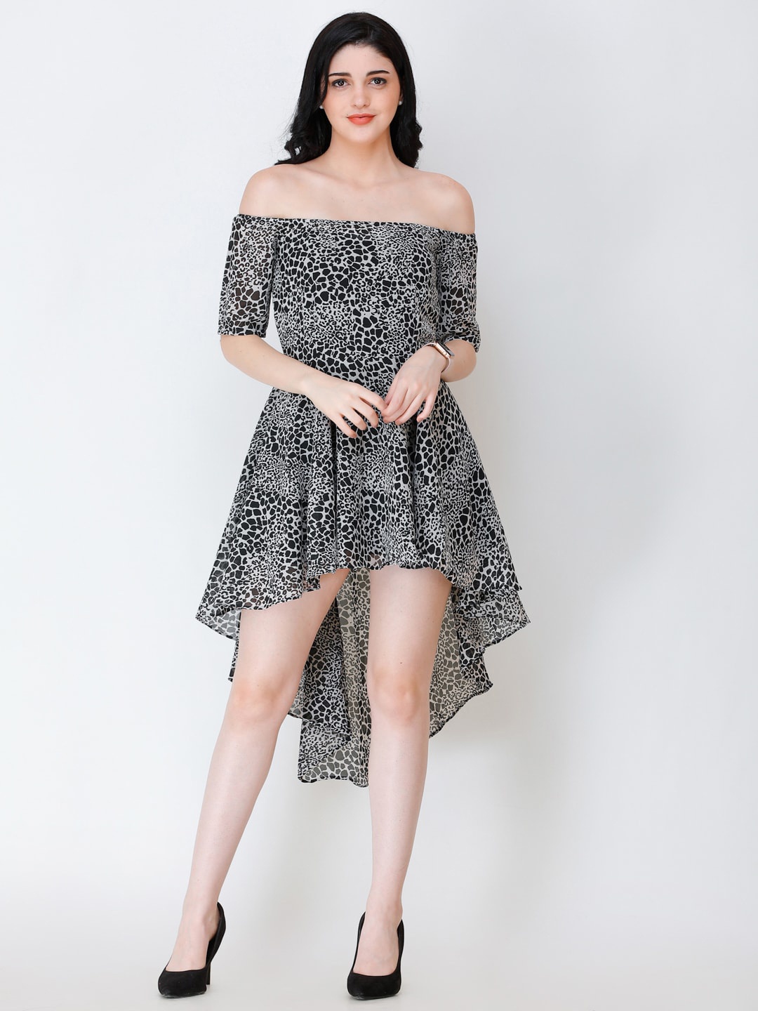 

SCORPIUS Animal Print Off-Shoulder Georgette Fit & Flare Dress, Black