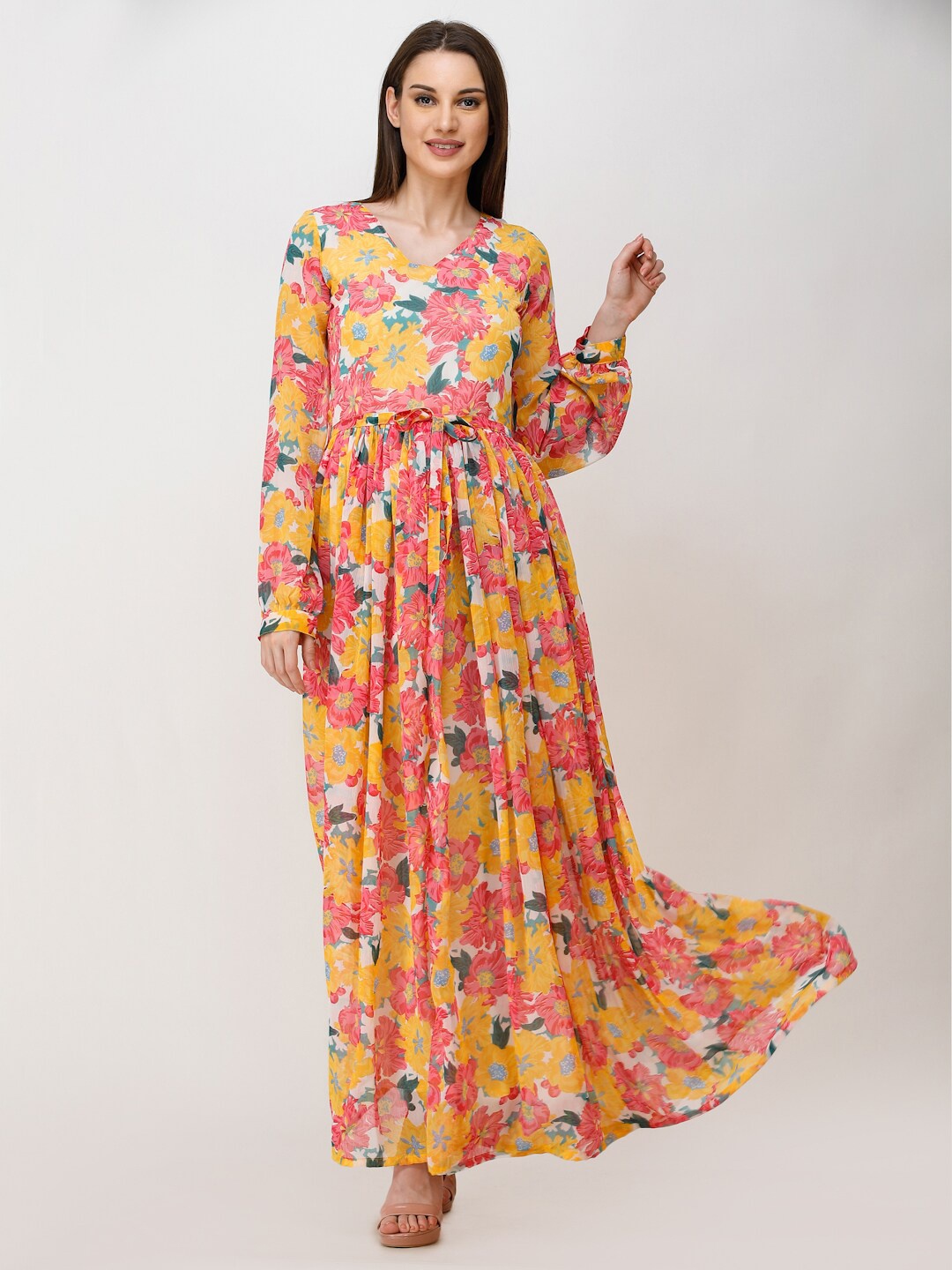 SCORPIUS Floral Print Puff Sleeve Chiffon Maxi Dress, Yellow