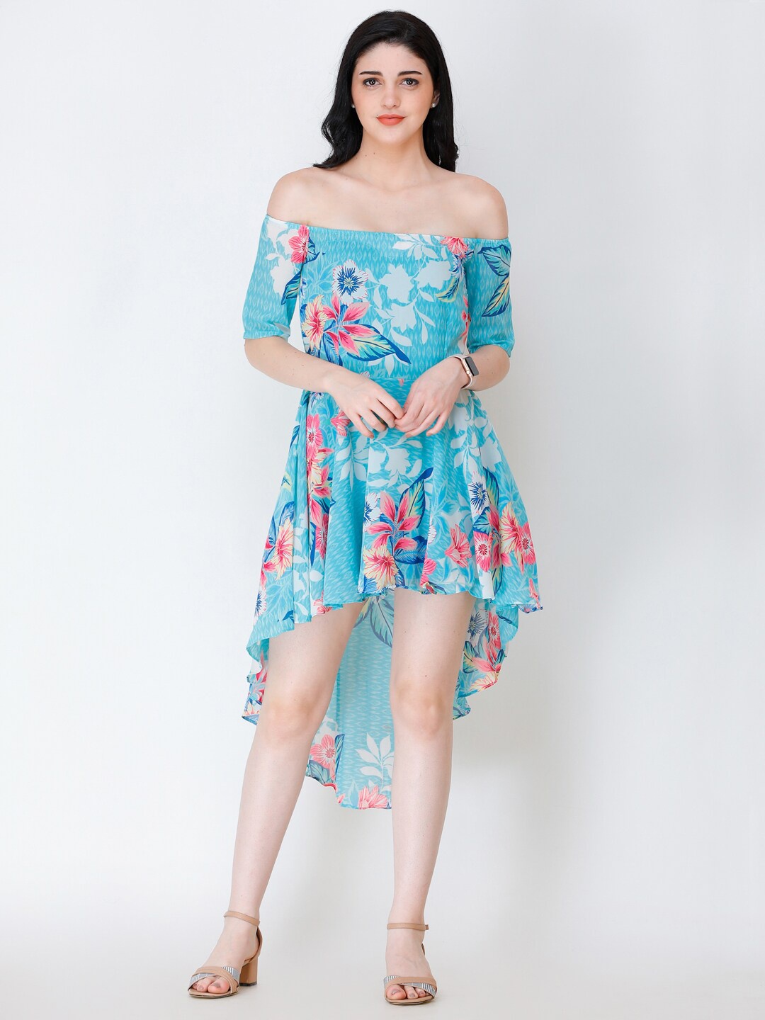 

SCORPIUS Floral Print Off-Shoulder Georgette Fit & Flare Dress, Blue
