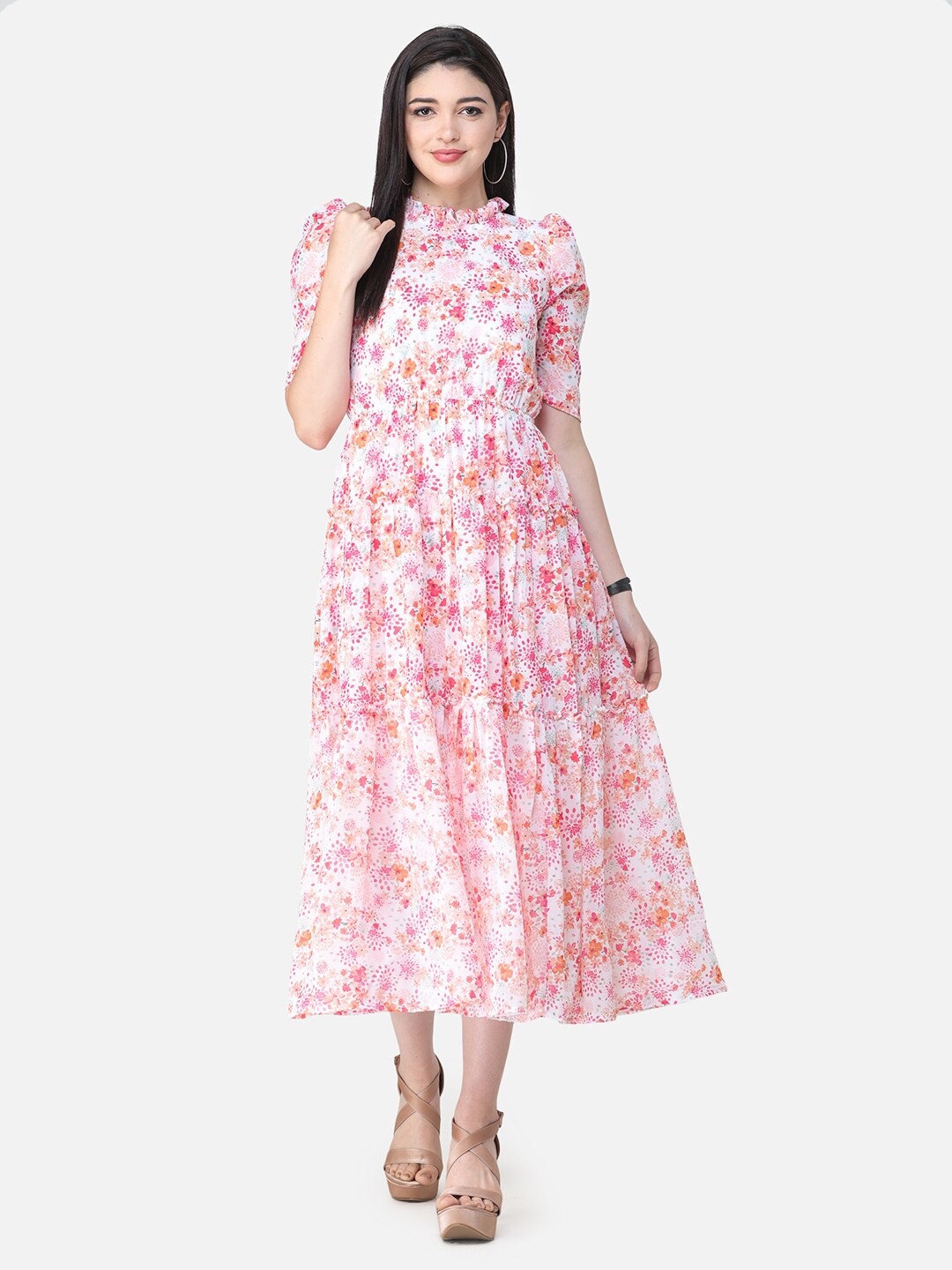 

SCORPIUS Floral Print Flutter Sleeve Georgette Fit & Flare Midi Dress, White