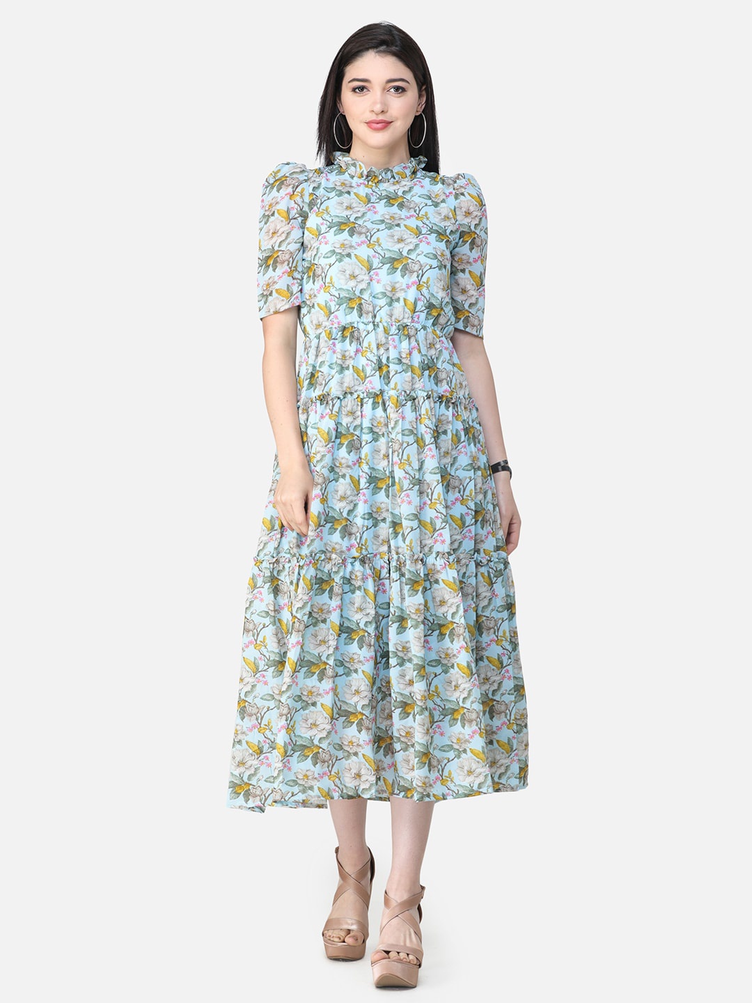 

SCORPIUS Floral Print Georgette Fit & Flare Midi Dress, Blue