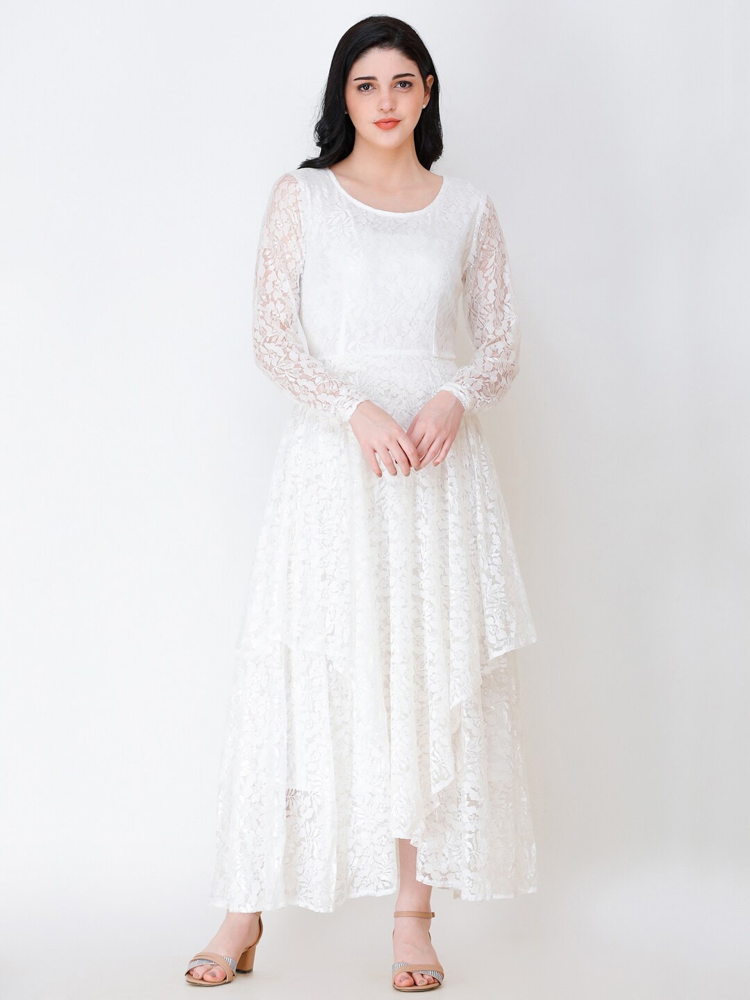 

SCORPIUS Round Neck Net Fit & Flare Maxi Dress, White
