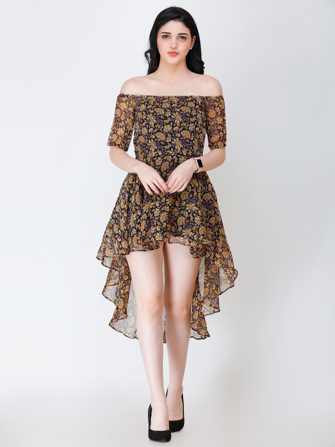 

SCORPIUS Floral Print Off-Shoulder Chiffon Fit & Flare Midi Dress, Black