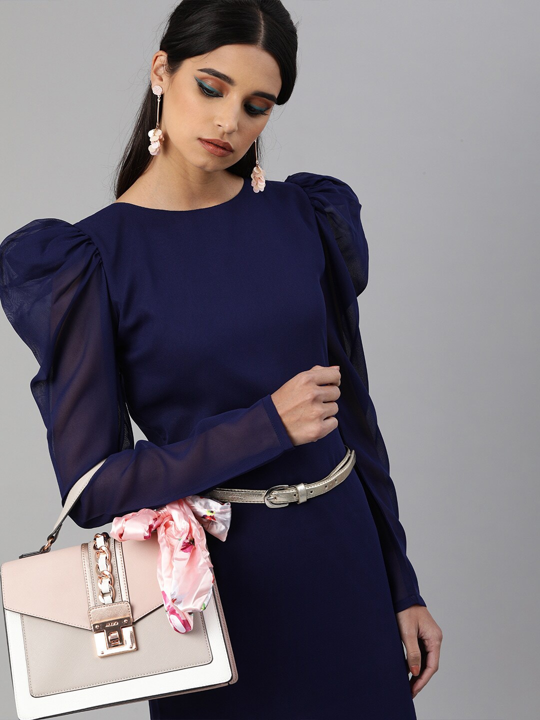 

SCORPIUS Puff Sleeve Georgette Sheath Dress, Navy blue