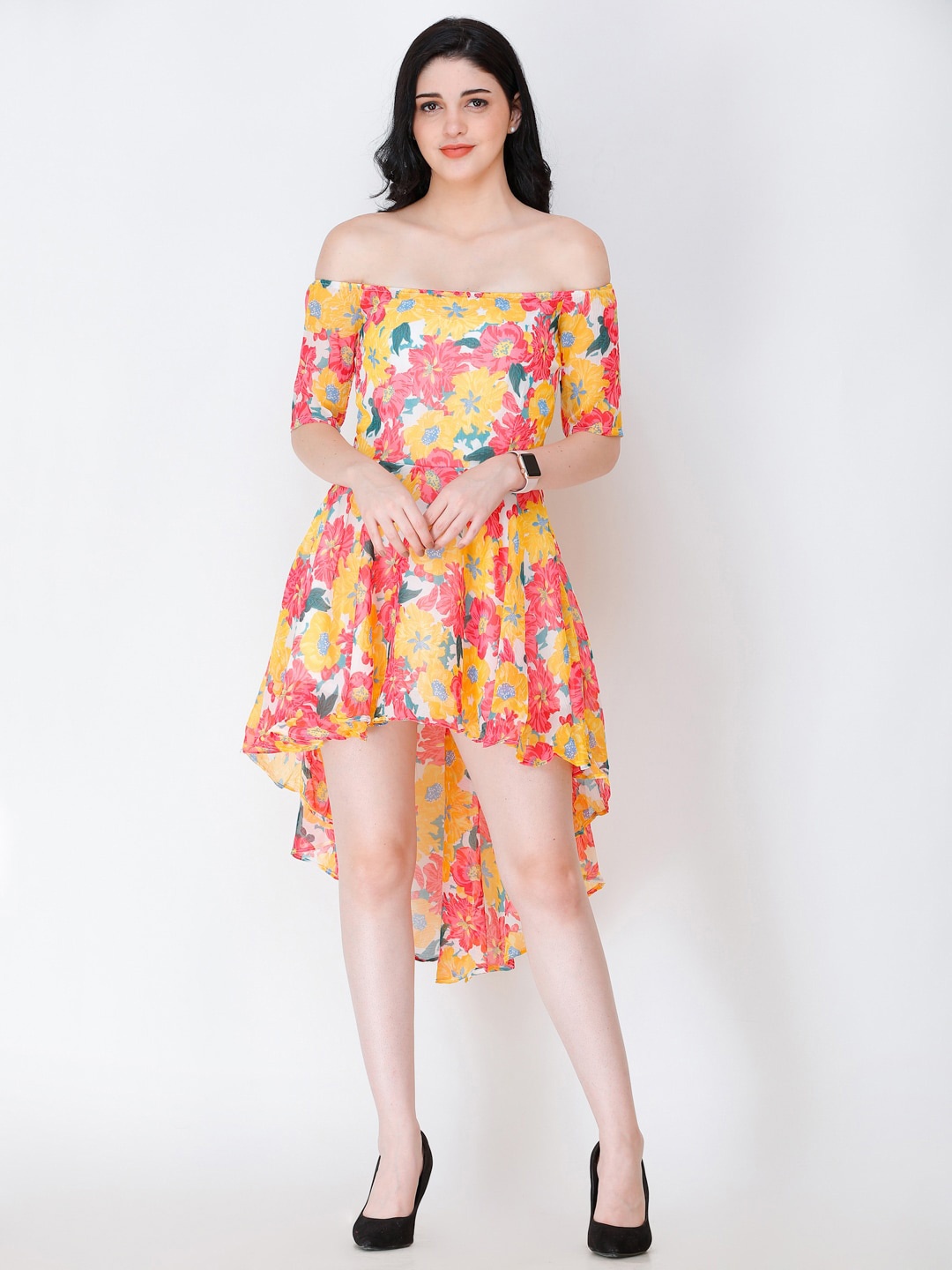 

SCORPIUS Floral Print Off-Shoulder Chiffon Fit & Flare Midi Dress, Yellow