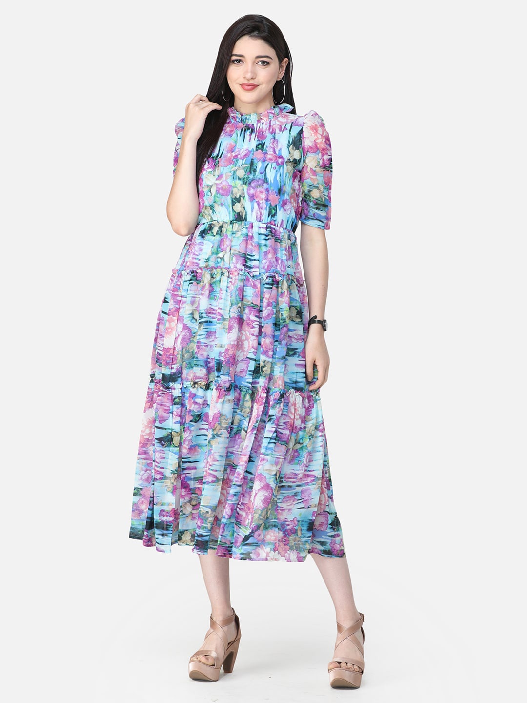 

SCORPIUS Mandarin Collar Puff Sleeves Floral Print Georgette Fit & Flare Midi Dress, Purple