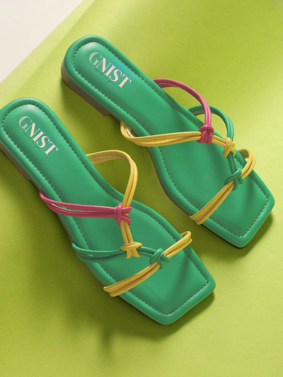 

GNIST Colourblocked Open Toe Flats, Green