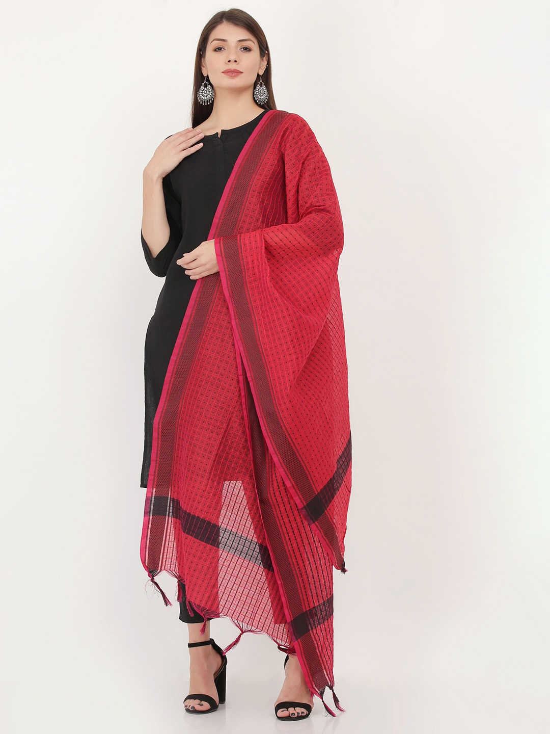 

Livvie Geometric Woven Design Cotton Silk Dupatta, Red