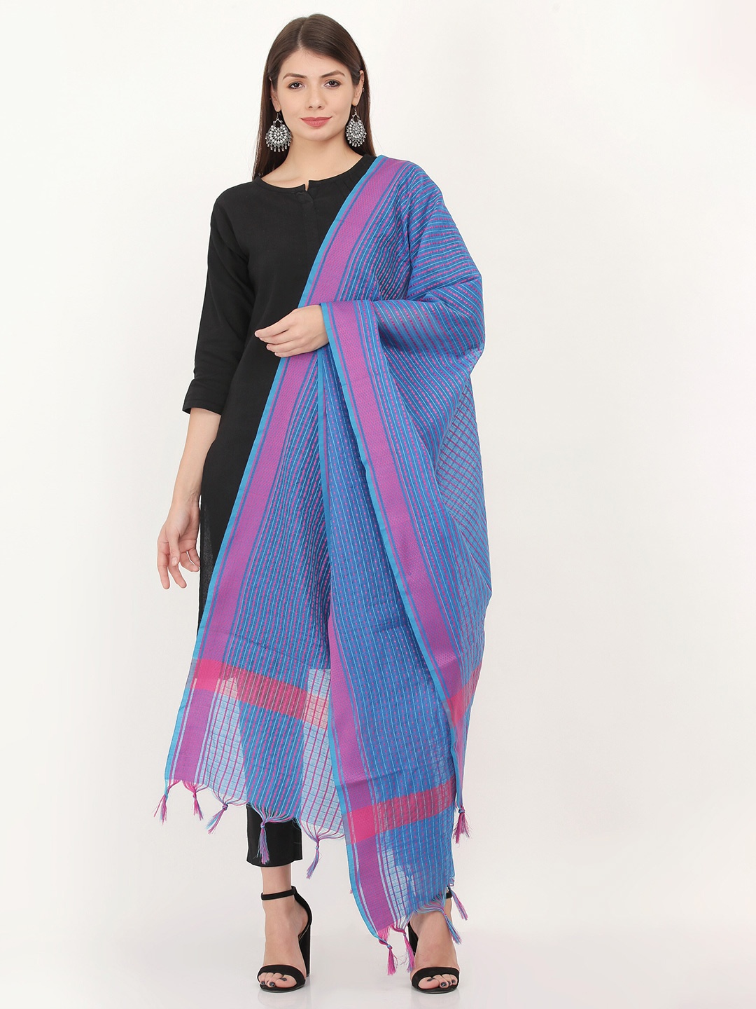 

Livvie Striped Cotton Silk Dupatta, Blue