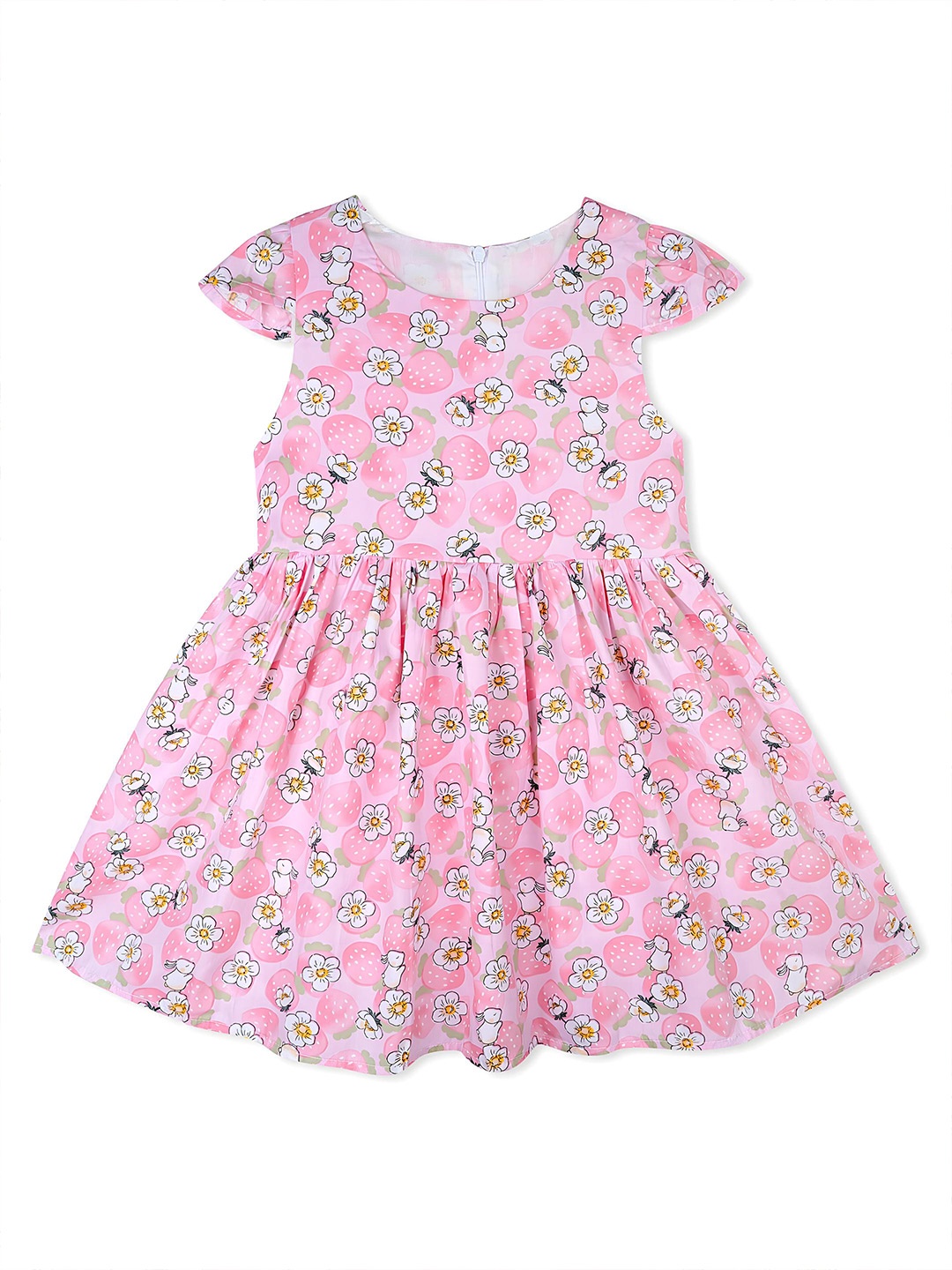 

BAESD Girls Floral Printed Flared Cap Sleeves Cotton A-Line Dress, Pink