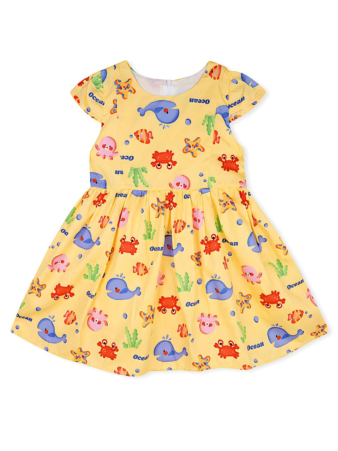 

BAESD Girls Conversational Print Round Neck Short Cap Sleeves Fit & Flare Dress, Yellow