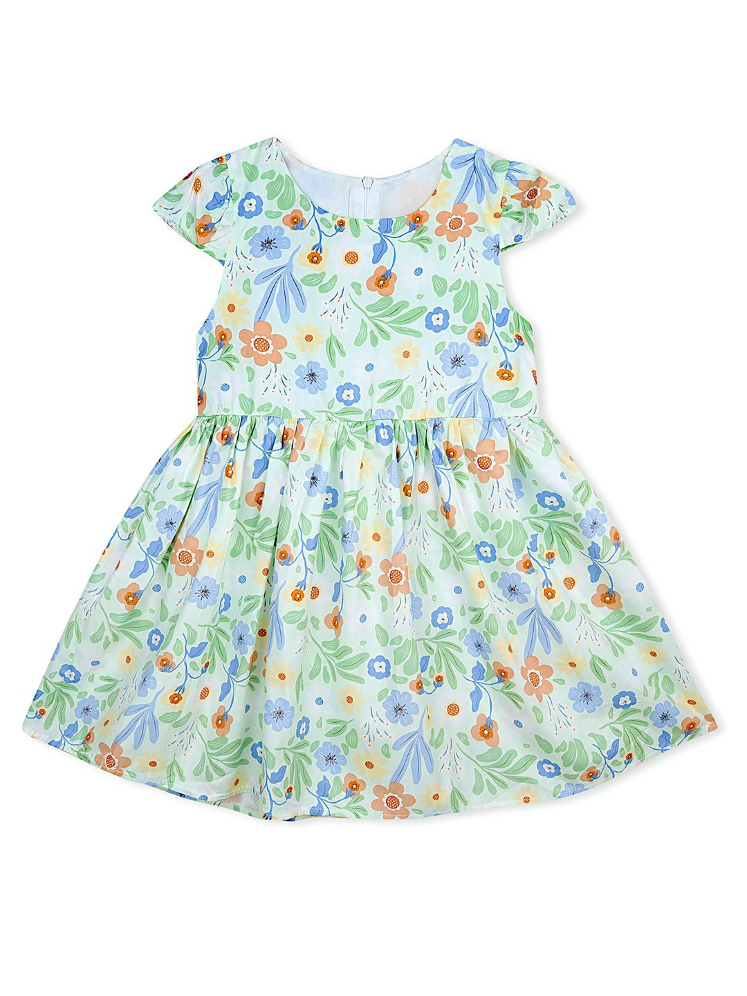 

BAESD Girls Floral Print Round Neck Short Cap Sleeves Cotton Fit & Flare Dress, Green