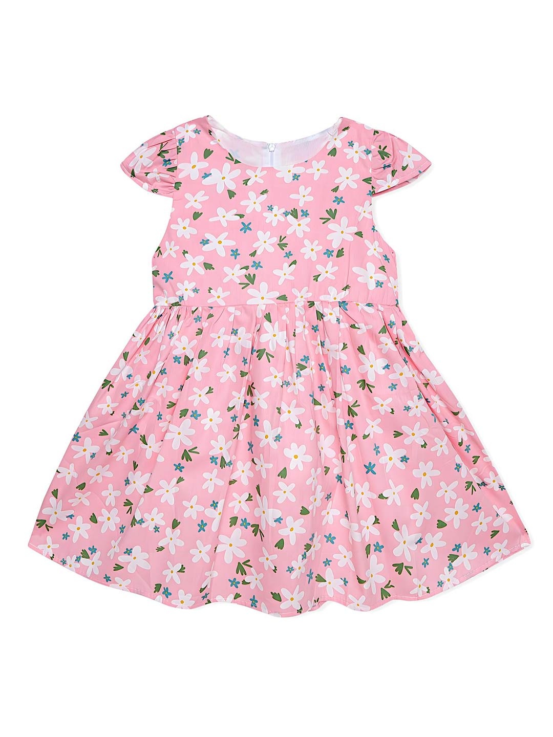 

BAESD Girls Conversational Printed Flared Cap Sleeves Cotton A-Line Dress, Pink