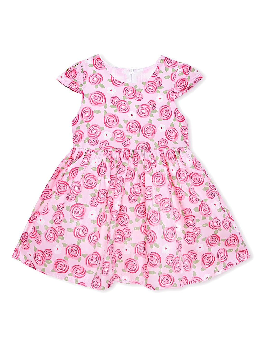 

BAESD Girls Floral Print Round Shot Cap Sleeves Fit & Flare Cotton Dress, Pink