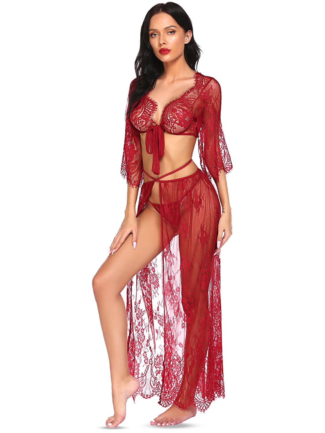 

KRENOZ Self Design Net Baby Doll, Red