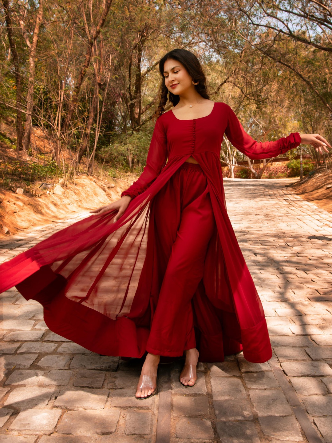 

Calmna Square Neck Longline Tunic With Trouser, Maroon