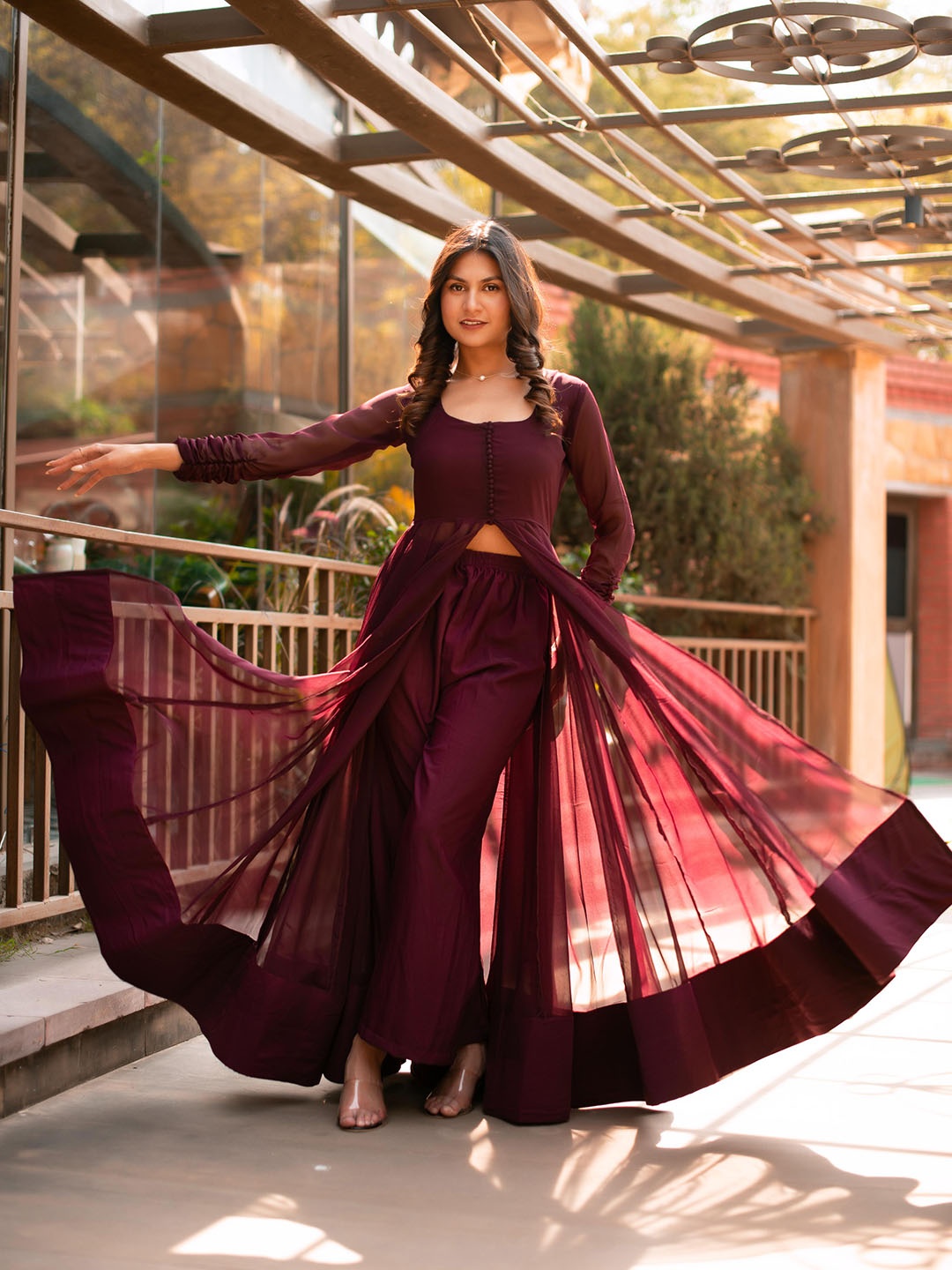 

Calmna Round Neck Georgette High Slit A-Line Kurta With Trousers, Purple