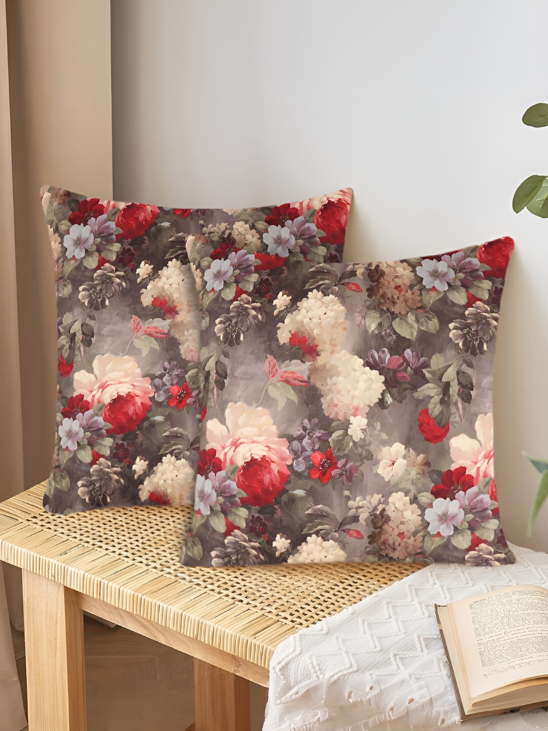 

Tesmare Khaki & Beige 2 Pcs Floral Velvet Square Cushion Covers
