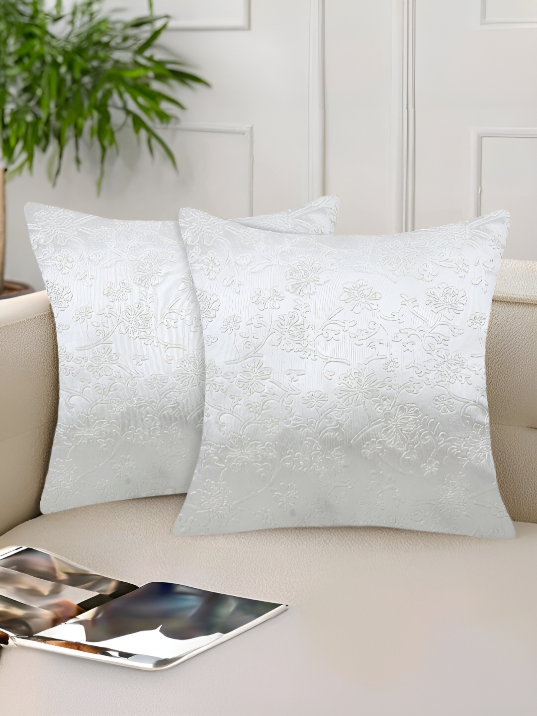 

Tesmare Off White 2 Pieces Floral Self Design Velvet Square Cushion Covers