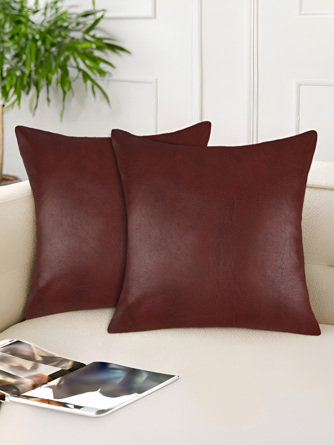 

Tesmare Maroon 2 Pieces Leather Square Cushion Covers
