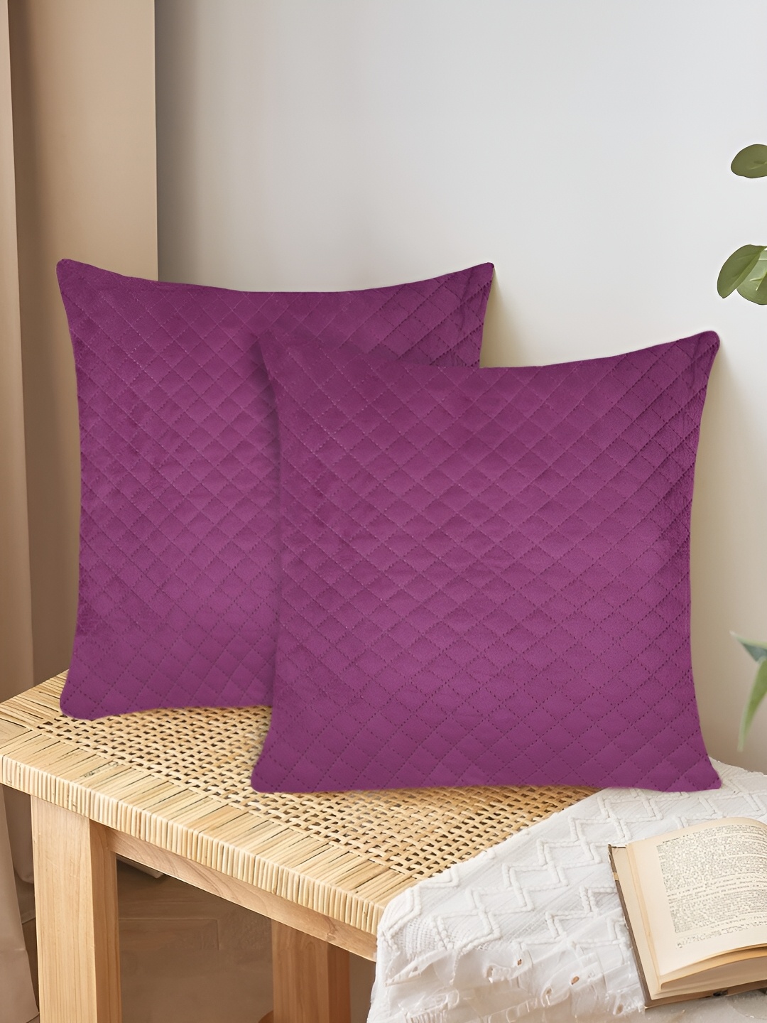 

Tesmare Purple 2 Pcs Checked Velvet Square Cushion Covers