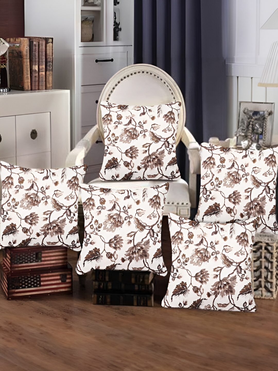

Tesmare Off White & Brown 5 Pieces Floral Velvet Square Cushion Covers