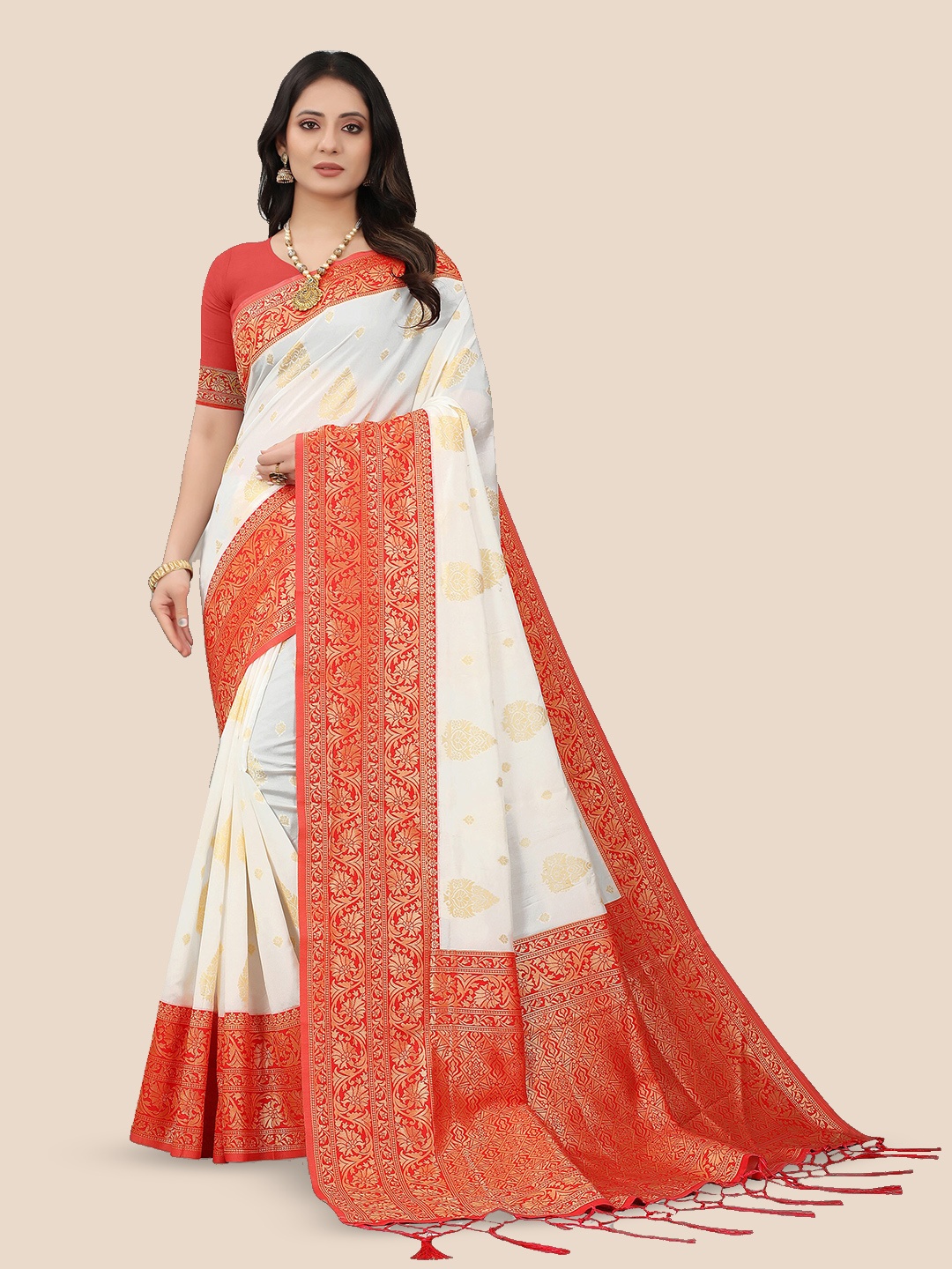 

KALINI Ethnic Motifs Woven Design Banarasi Saree, White