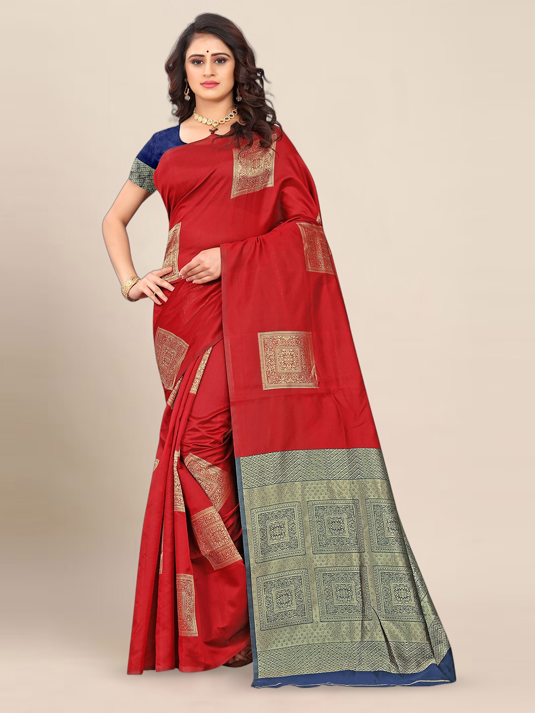 

KALINI Ethnic Motifs Woven Design Zari Banarasi Saree, Red