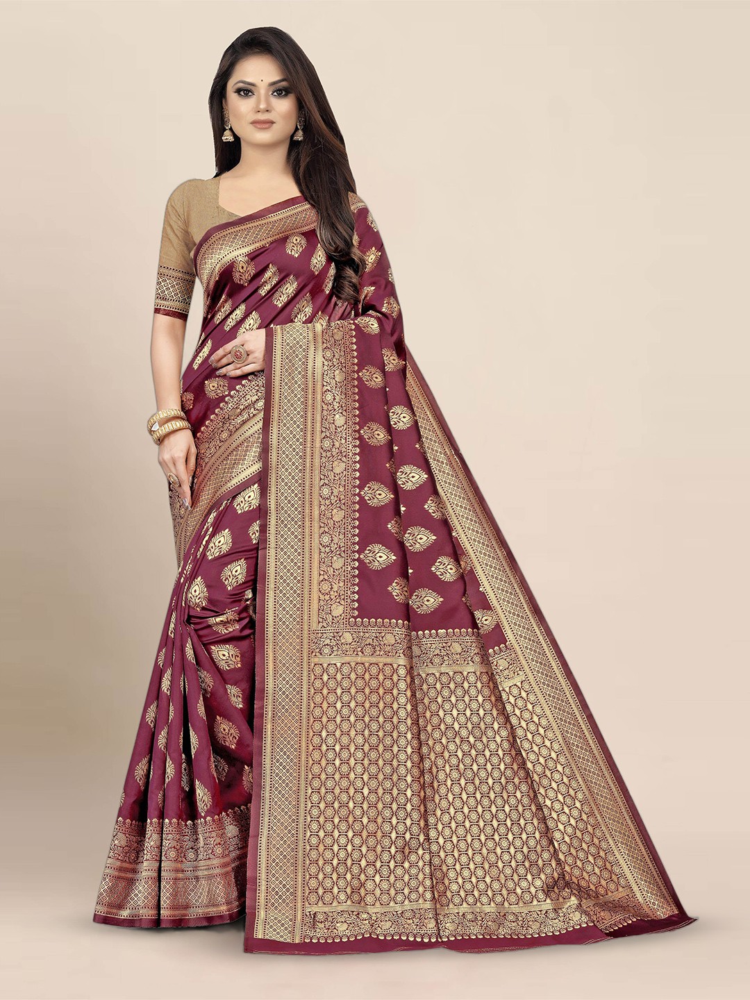 

KALINI Ethnic Motif Woven Design Banarasi Zari Saree, Maroon