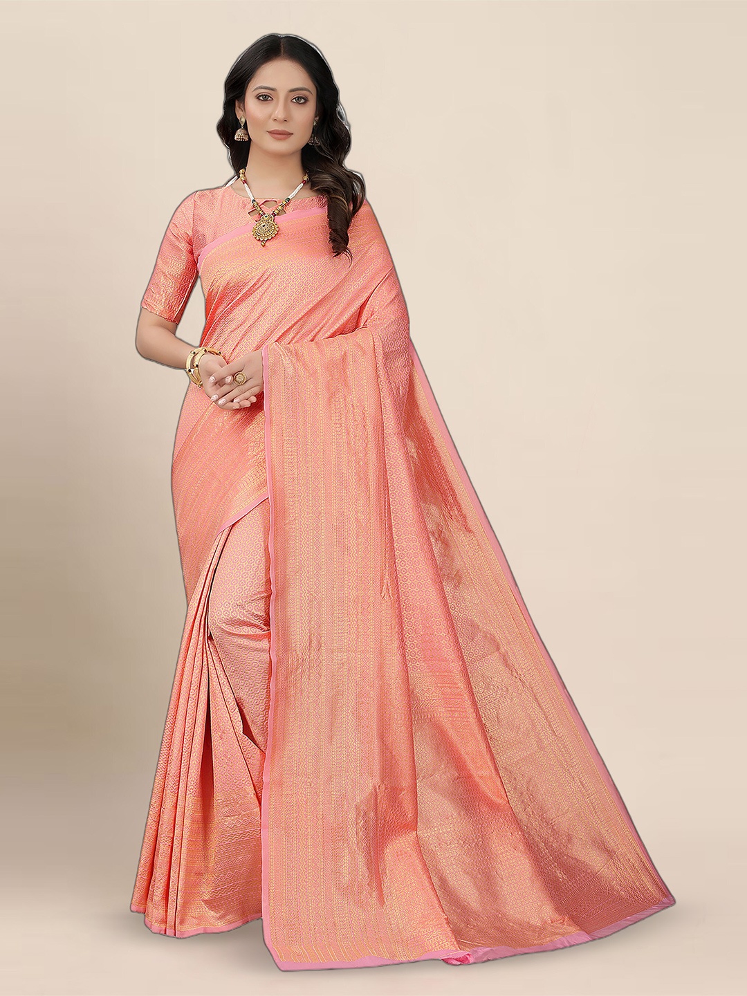 

KALINI Ethnic Motif Woven Design Banarasi Zari Saree, Peach