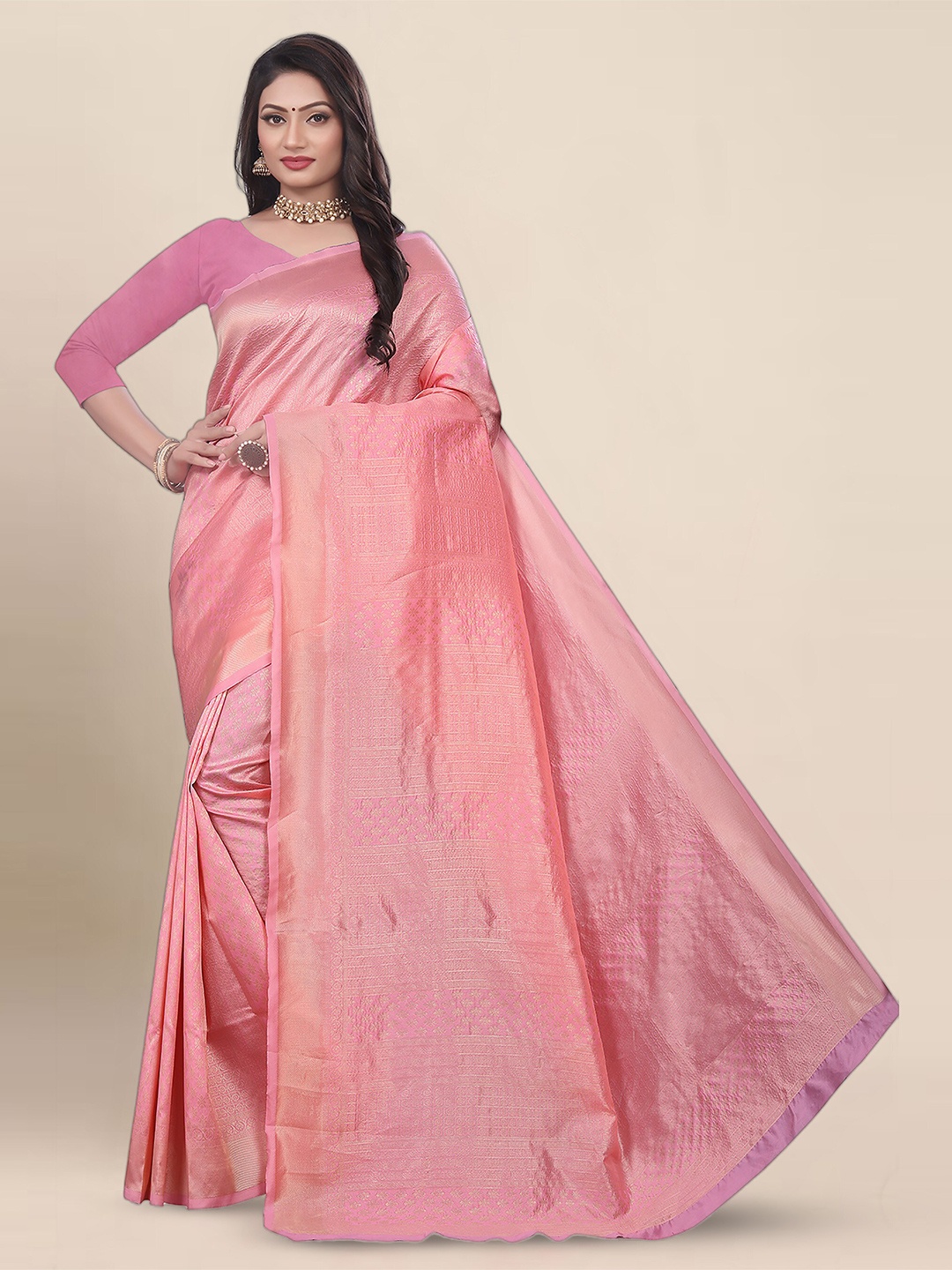 

KALINI Ethnic Motifs Woven Design Zari Banarasi Saree, Pink
