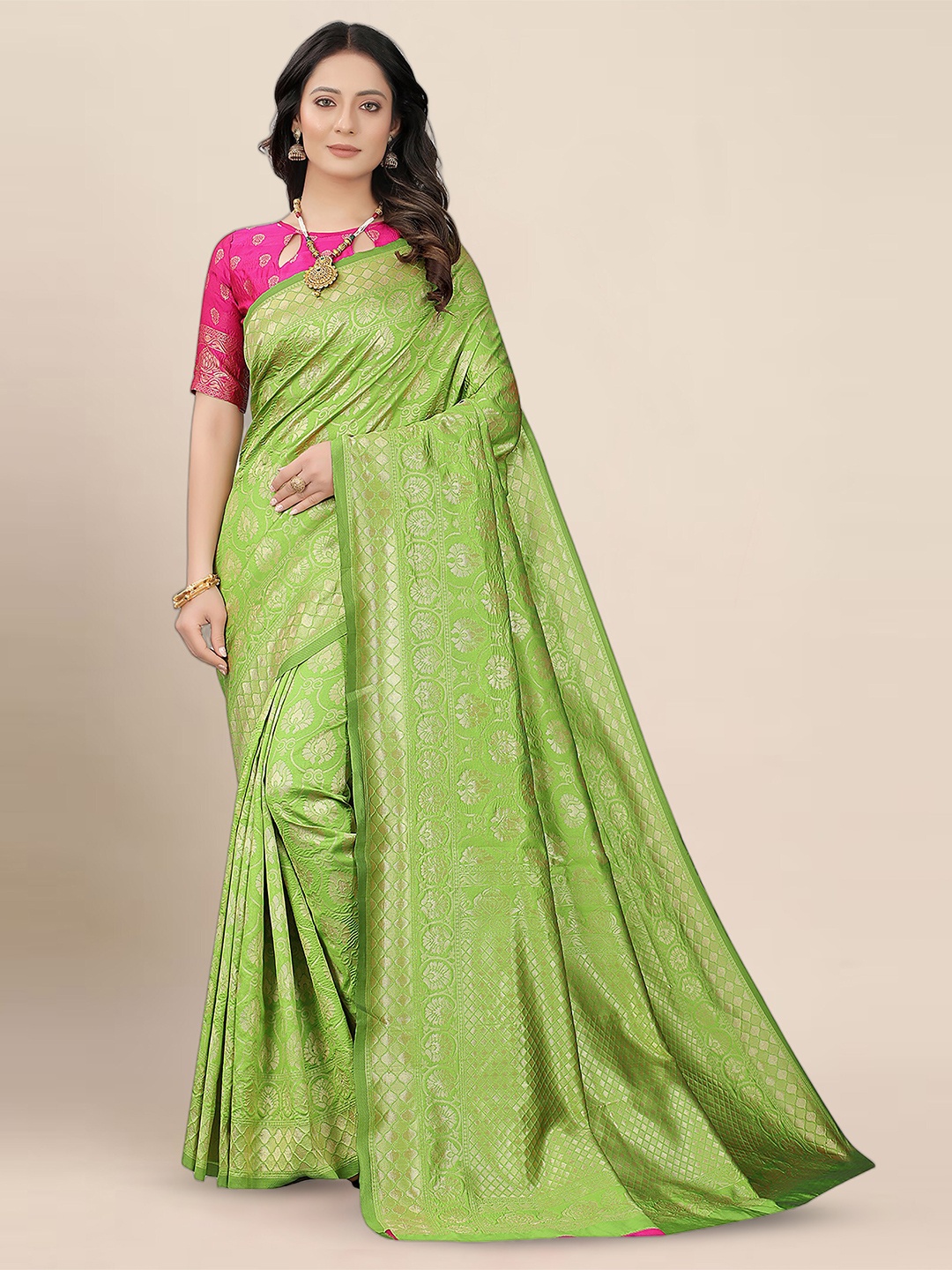 

KALINI Ethnic Motif Woven Design Banarasi Zari Saree, Green