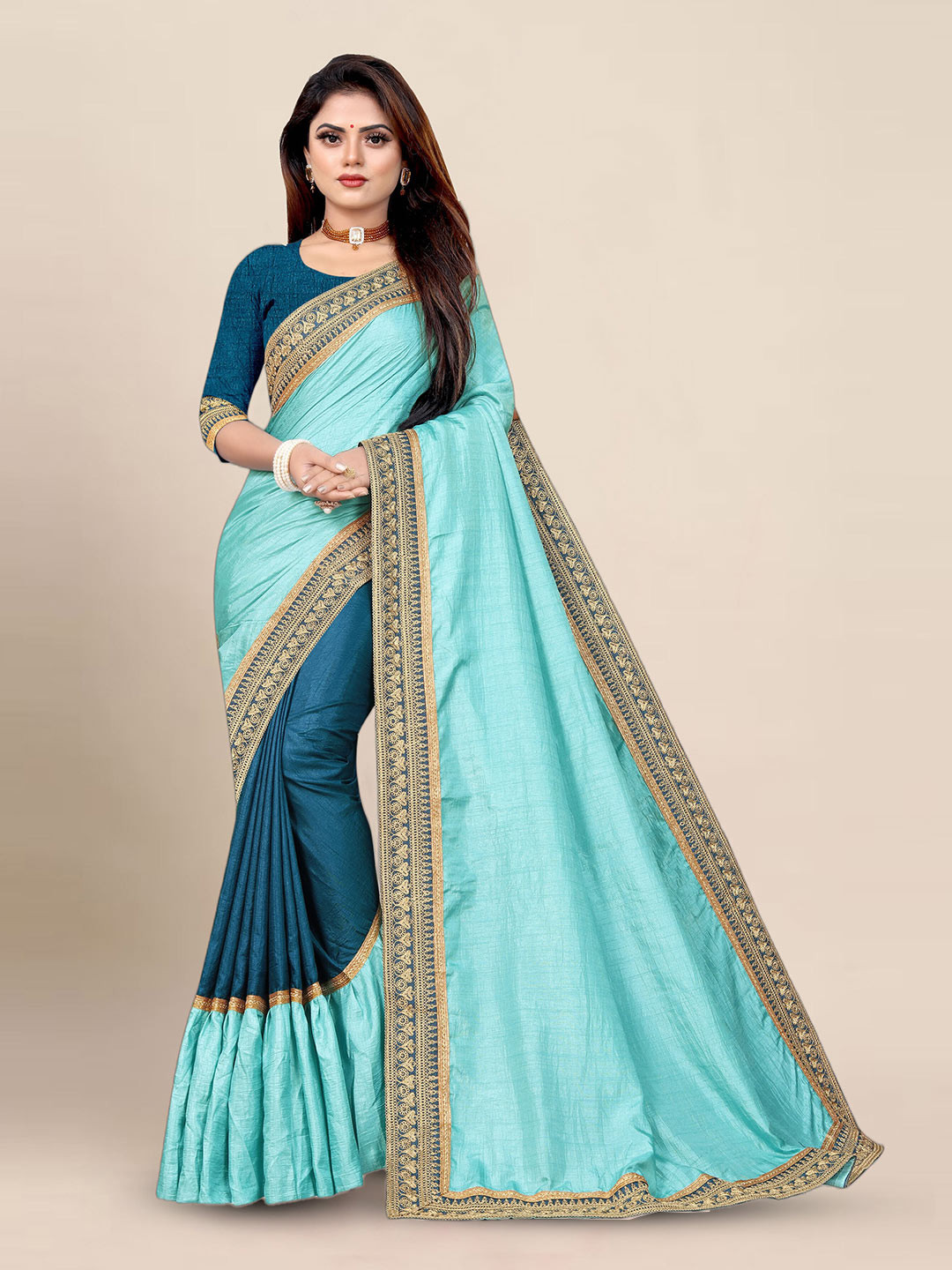 

KALINI Embroidered Border Saree, Blue