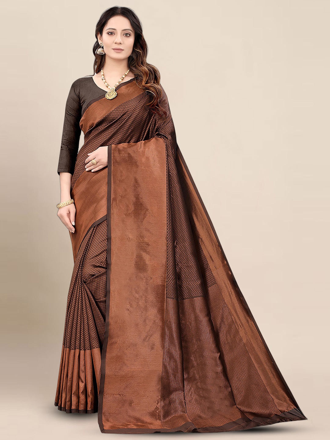 

KALINI Ethnic Motif Woven Design Banarasi Zari Saree, Brown
