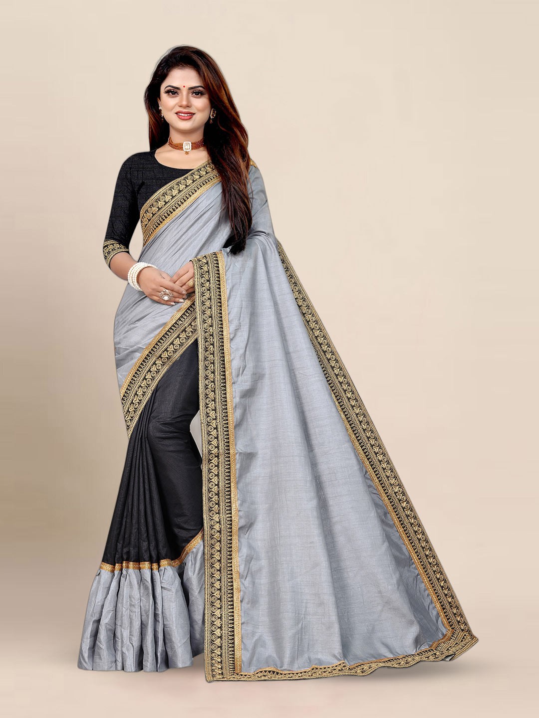 

KALINI Embroidered Woven Design Saree, Grey