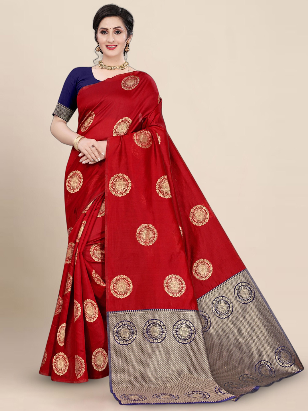 

KALINI Ethic Motif Woven Design Banarasi Zari Saree, Red