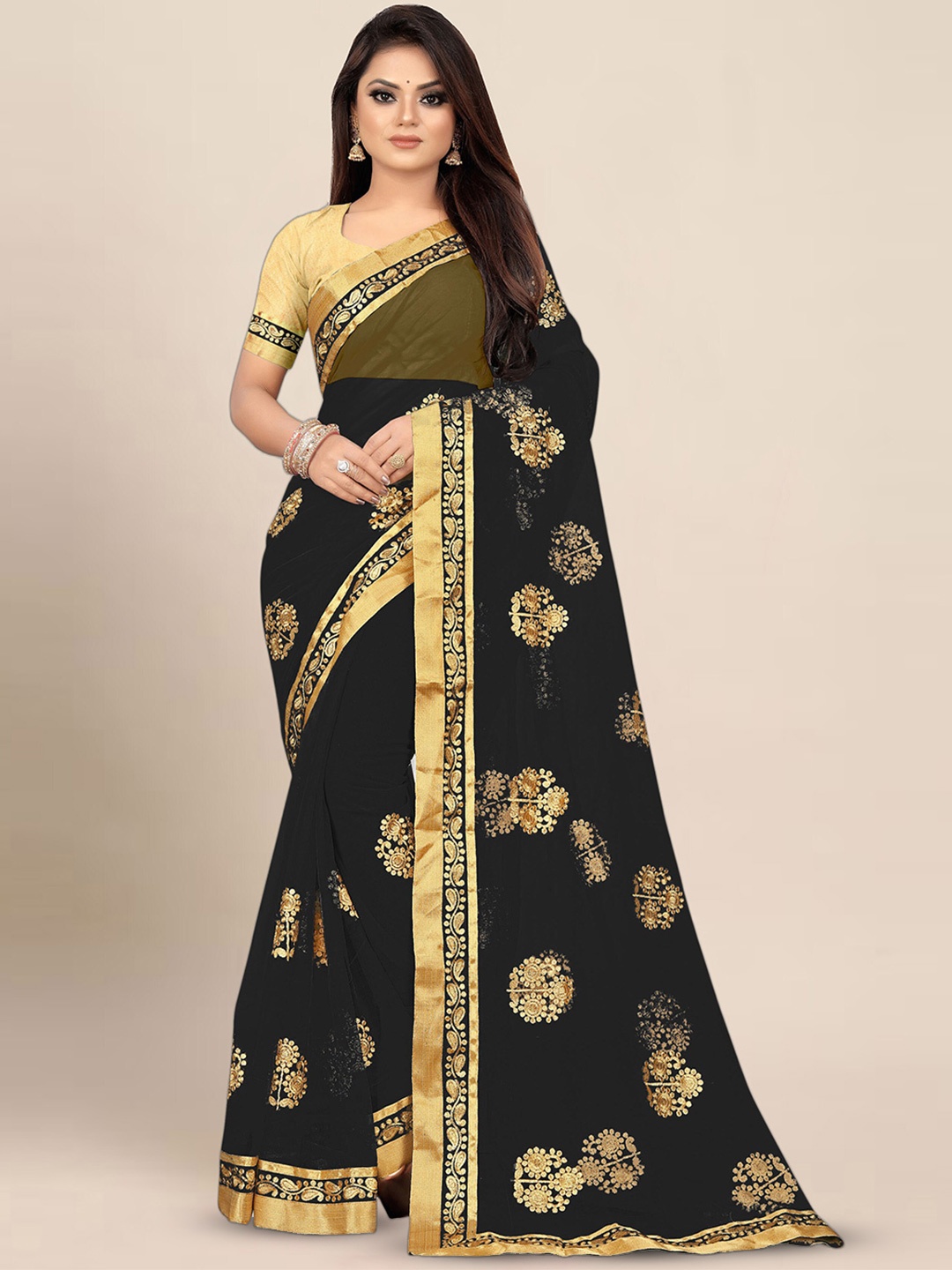 

KALINI Floral Embroidered Saree, Black