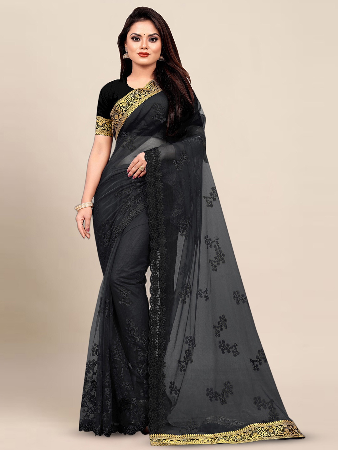 

KALINI Floral Embroidered Saree, Black