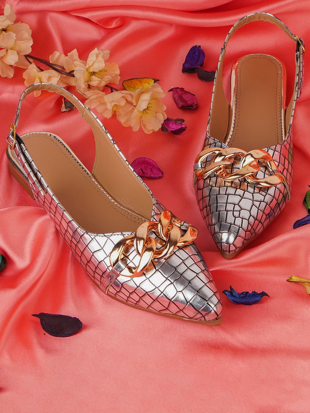 

BAESD Women Textured Embellished Ballerinas, Silver