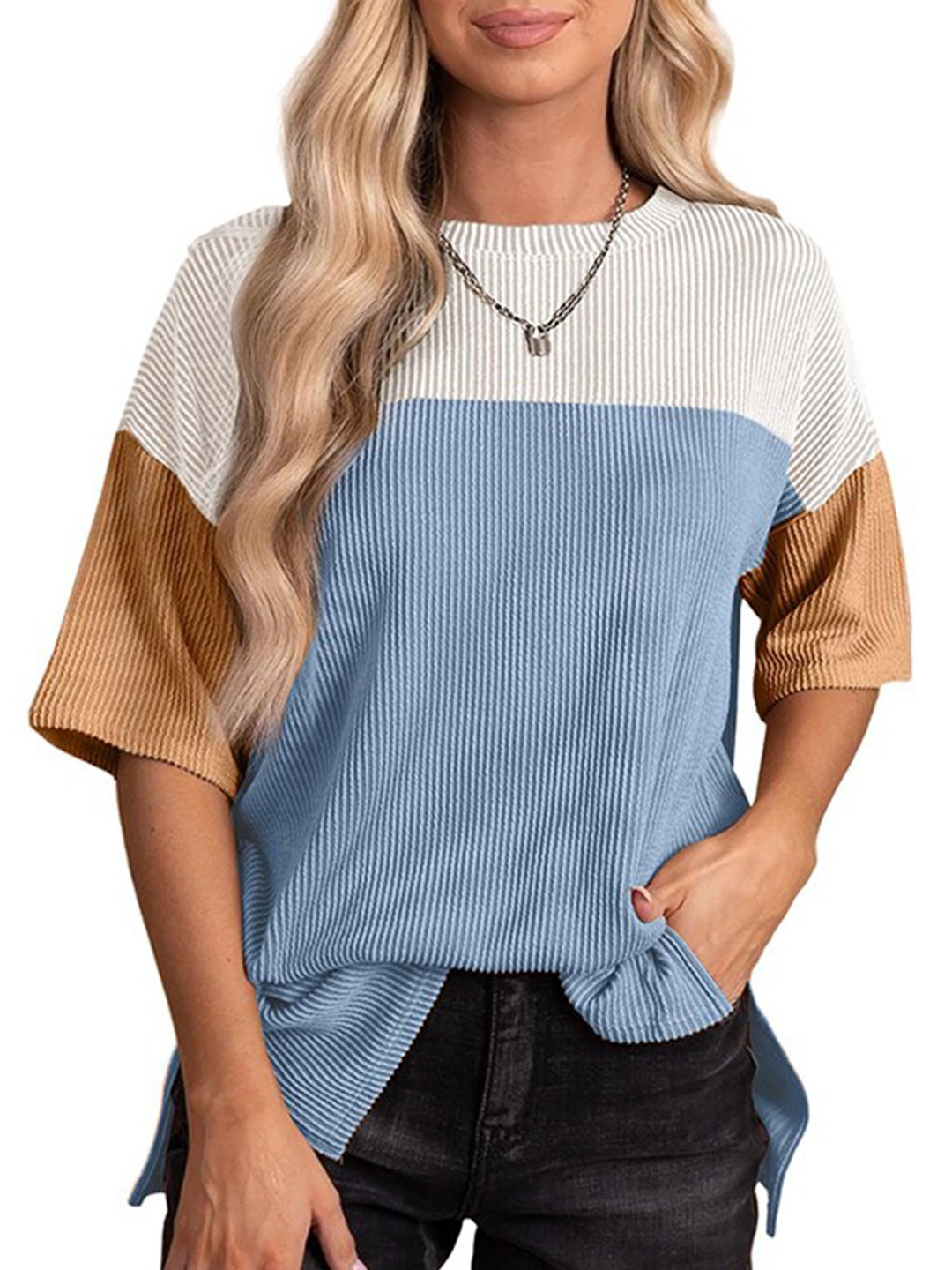 

StyleCast x Revolte Colourblocked Extended Sleeves Opaque Top, Blue