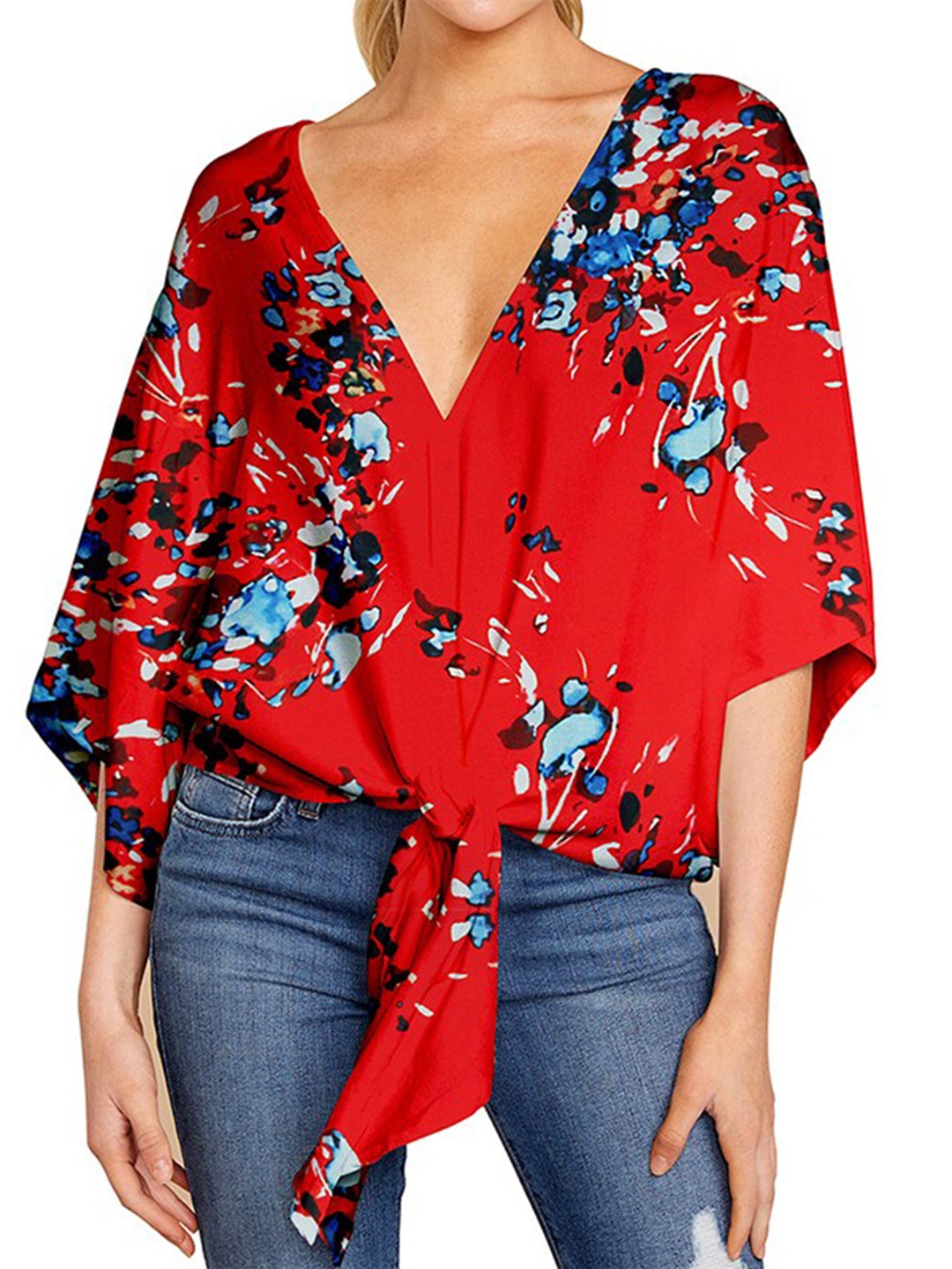 

StyleCast x Revolte Red Floral Printed Kimono Sleeve Kaftan Top